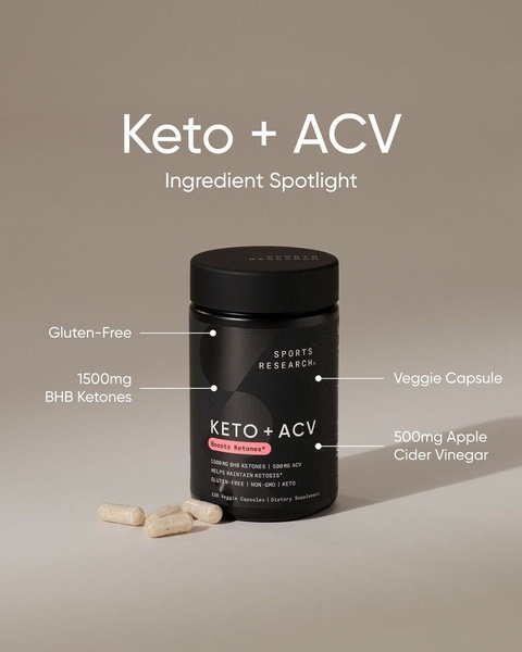 A minimalist, studio-shot product spotlight of a keto dietary supplement featuring clear call-outs for key product benefits.